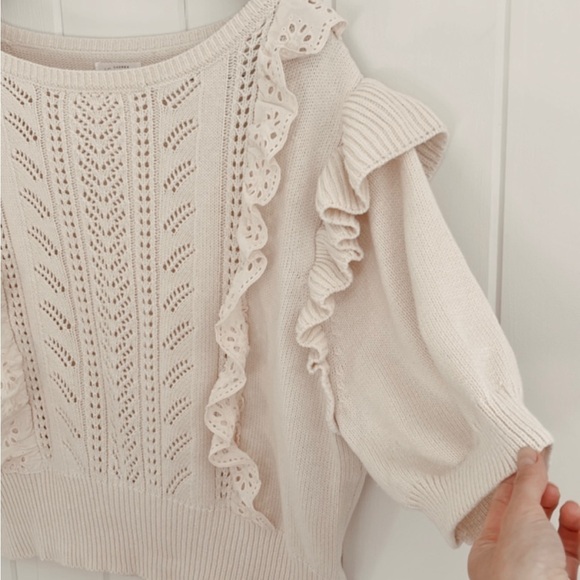 Lauren Conrad Eyelet Lace Knit Ruffles Crochet Short Sleeve Sweater Neutral XXL - Picture 6 of 13
